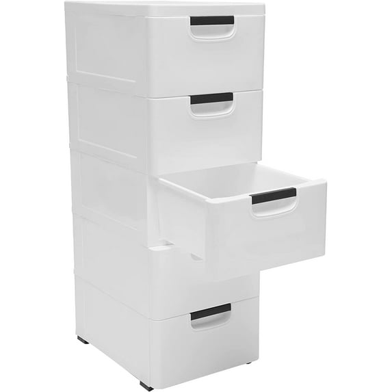 Miumaeov Plastic Drawers Dresser with 5 Drawers, 15.75 x 11.81 x 33.07inches Plastic Tower Closet Organizer with Wheels Suitable for Apartments Condos And Dorm Rooms (White)