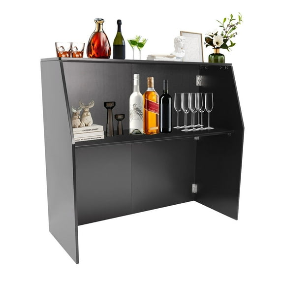 Miumaeov Portable Event Bar with Top & Middle Shelves Rectangular Foldable Bar Cabinet Black