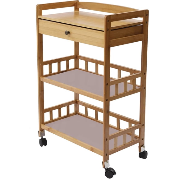 Miumaeov Portable Kitchen Island on Wheels, 3-Tier Bamboo Rolling Kitchen Utility Cart with Drawer, Microwave Cart, Food Serving Cart