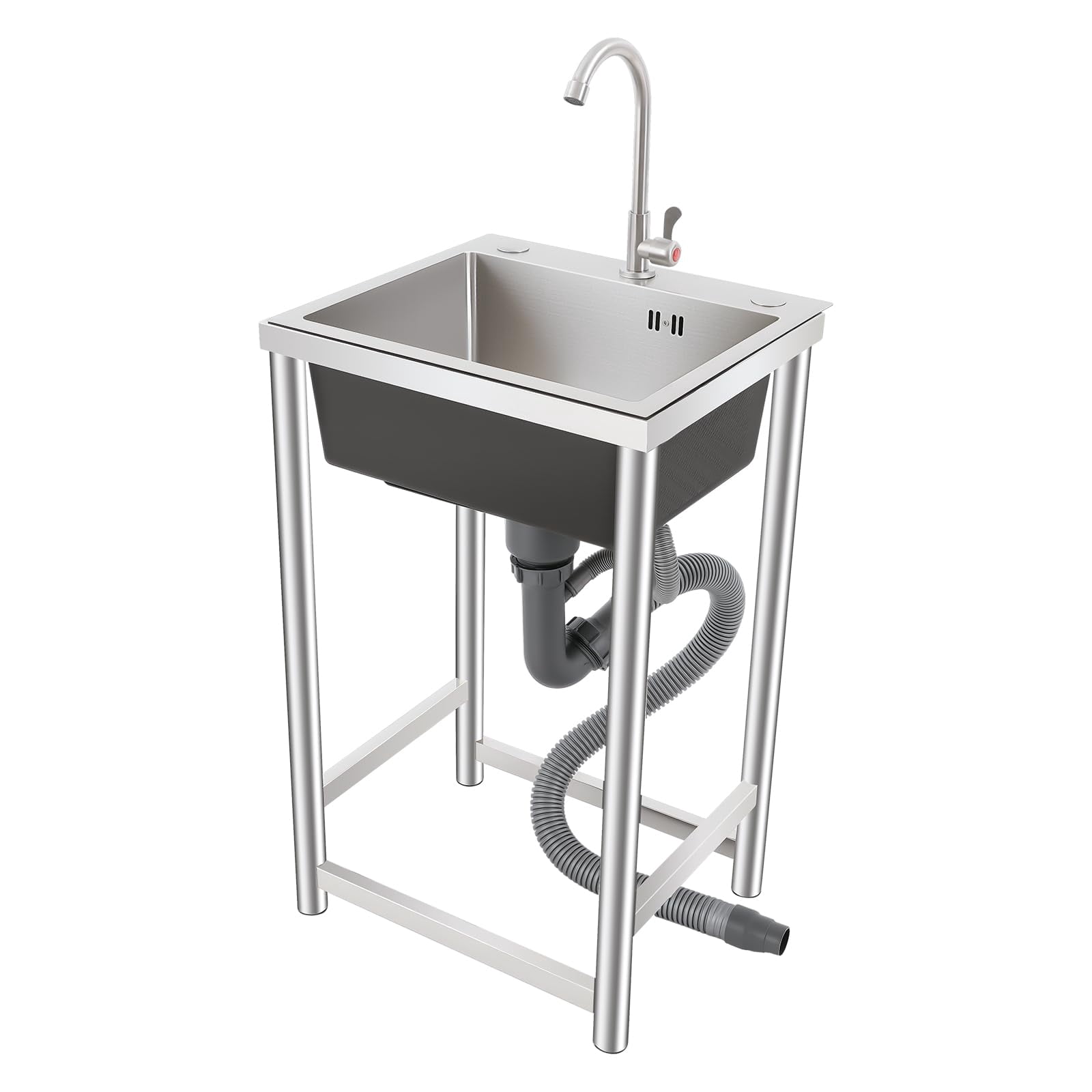 Miumaeov Portable Sink Free Standing, Stainless Steel Utility Sink Single Bowl, Small Utility Sink with 360° Faucet, Outdoor Sink for Garage Laundry, Camping Sink Alternative for Home