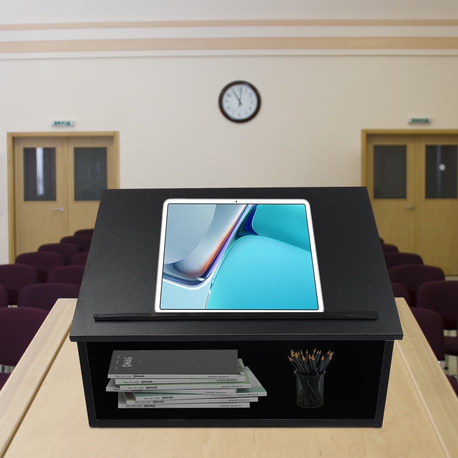 Black Wood Tabletop Lectern with Storage Shelf