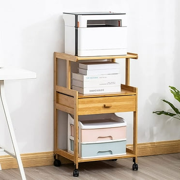 Miumaeov Printer Stand Bamboo Rolling Printer Stand with 4 Wheels 88 lbs Load Capacity Modern Printer Cart for Home and Office (3-Tier with Drawer)