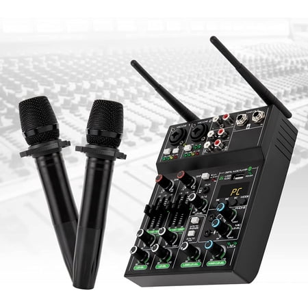 Miumaeov Professional 4 Channel Audio Mixer w/Dual Wireless Mic,Sound Board Console System Interface Digital USB Bluetooth MP3 Computer Input Stereo DJ Studio Recording Streaming Karaoke Party