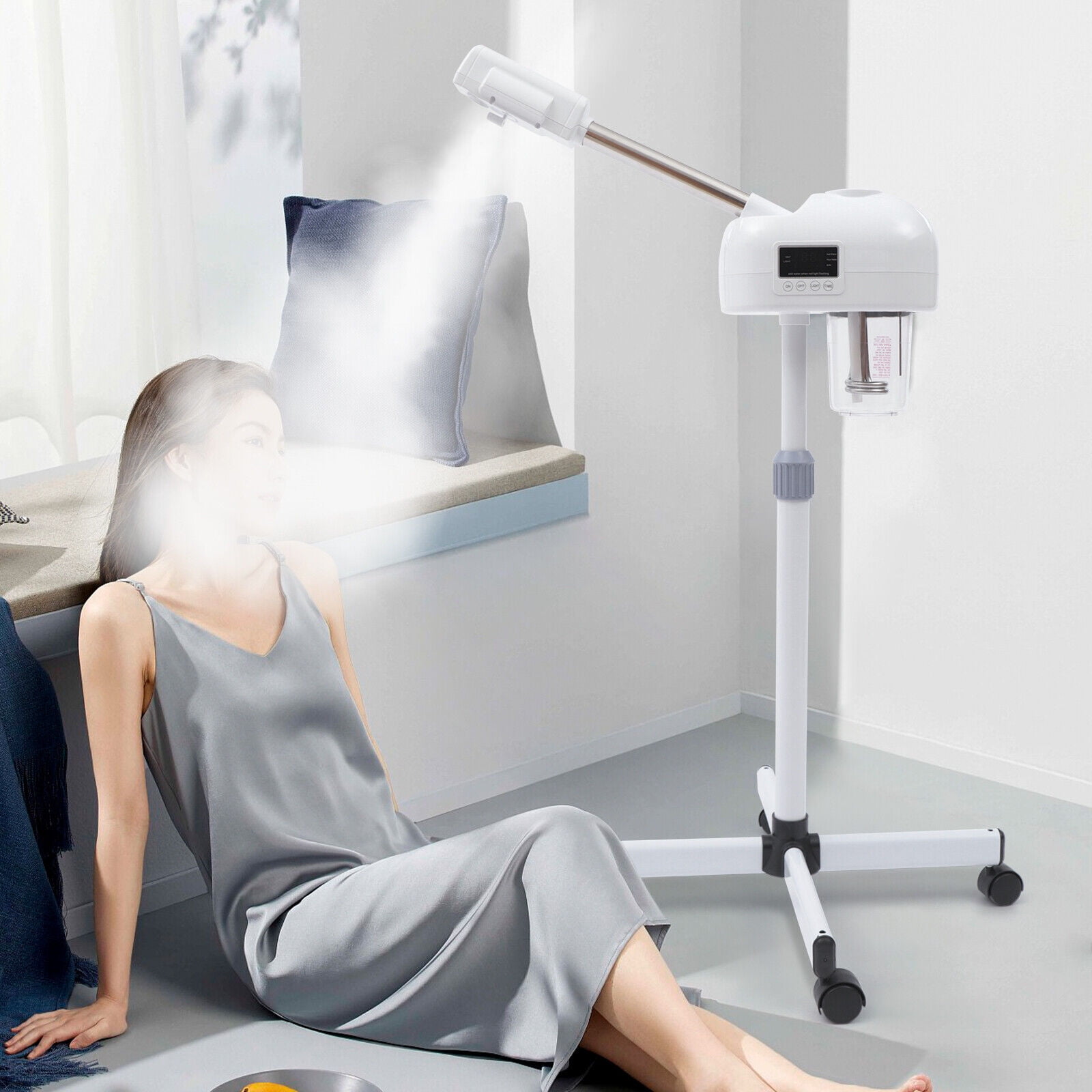 Miumaeov Professional Facial Steamer with Hot Mist Function with 360 Rotating Nozzle and Adjustable Height LCD Rolling Facial Steamer for Beauty Salon or Home