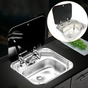 Miumaeov RV Sink with Folding Faucet Boat Stainless Steel Hand Wash Basin Sink with Tempered Glass Lid Strainer Square Van RV Camper Motor Home Sink