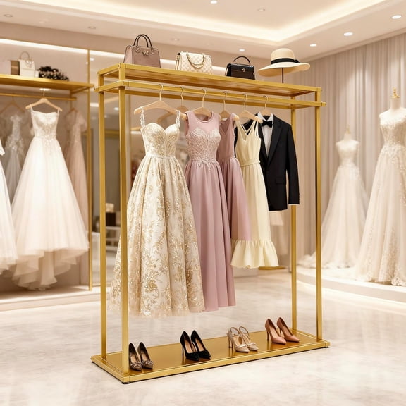 Miumaeov Retail Clothes Display Wedding Dress Rack Heavy Duty Metal Gold Garment Rack,for Hanging Long Dresses Wedding Dress Commercial Floor-Standing Shelves 67 inch