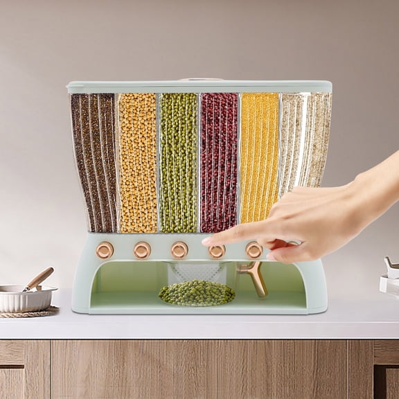 Miumaeov Rice and Dry Food Dispenser 22.05lbs Kitchen Transparent Organizer Cereal Rice Container Storage 6 Grid ABS Grains Container for Storing Rice Wheat Beans 42x16.5x36cm light Green