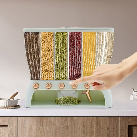 Miumaeov Rice and Dry Food Dispenser 22.05lbs Kitchen Transparent Organizer Cereal Rice Container Storage 6 Grid ABS Grains Container for Storing Rice Wheat Beans 42x16.5x36cm light Green