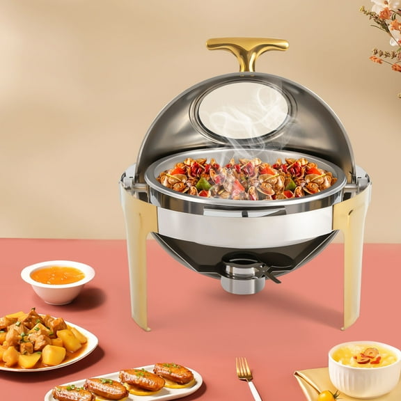 Miumaeov Roll Top Chafing Dish Buffet Set Gold 6.3 Quart Round Chafer with Visible Window Stainless Steel Buffet Servers with Pans & Fuel Holders Warming Tray for Parties Banquet Catering Events