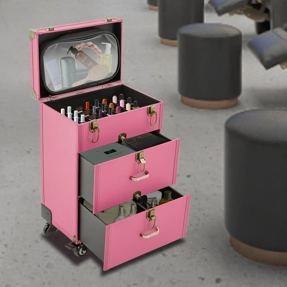 Miumaeov Rolling Makeup Train Case Portable Cosmetic Trolley Organizer Nail Polish Storage Box with 4 Wheels