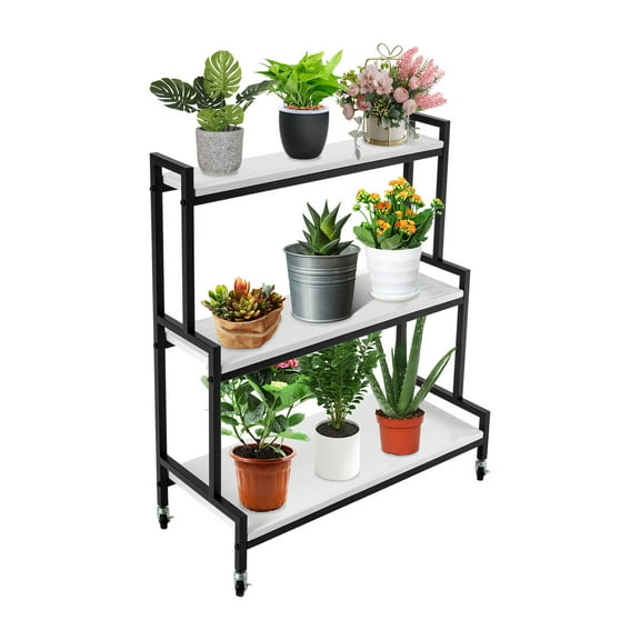 Miumaeov Rustic 3-Tiers Plant Stand Rolling Plant Shelves Flower Pot Holder Rack with Wheels Indoor Outdoor White