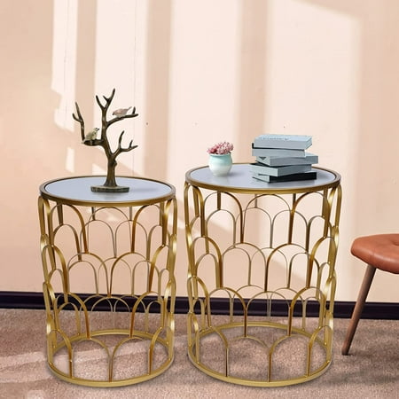 Miumaeov Set of 2 Gold Metal Nesting Side End Table, Modern Round End Table Set for Living Room, Bedroom, Coffee Table, Nightstand (Style 1)