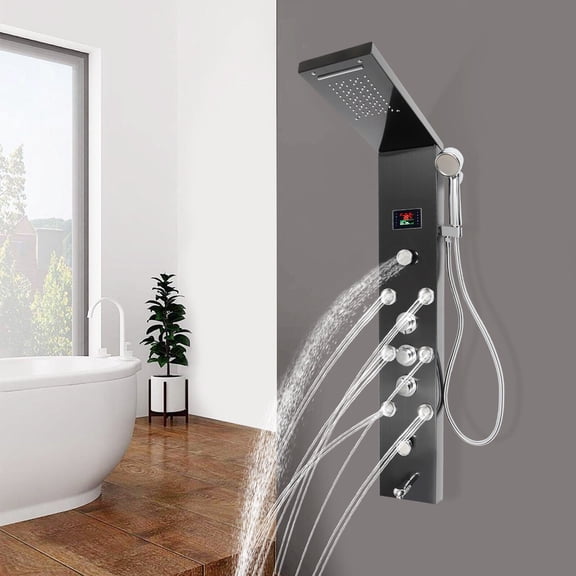Miumaeov Shower Head with Handheld Combo Hydroelectricity LED Shower Panel Tower System with Handheld Shower and Rainfall Waterfall Shower Head Wall Mounted Stainless Steel Spray Shower Panel Black