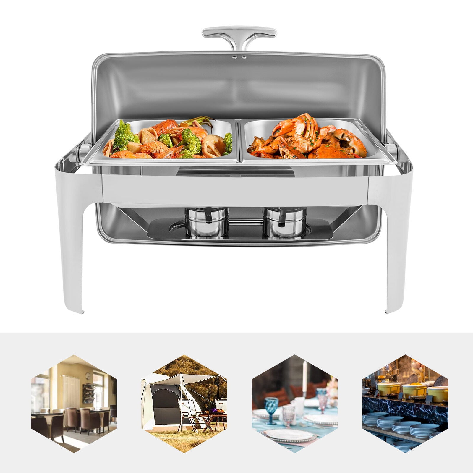 6.34QT Round Chafing Dish Buffet Set - Gold Stainless Steel Food Warmer With Visual Glass Lid