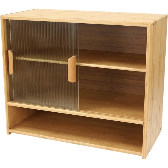 Miumaeov Small Bamboo Kitchen Pantry Sideboard w/ 2 Sliding Striped Glass Doors, Freestanding Countertop Storage Cabinet w/Adjustable Height