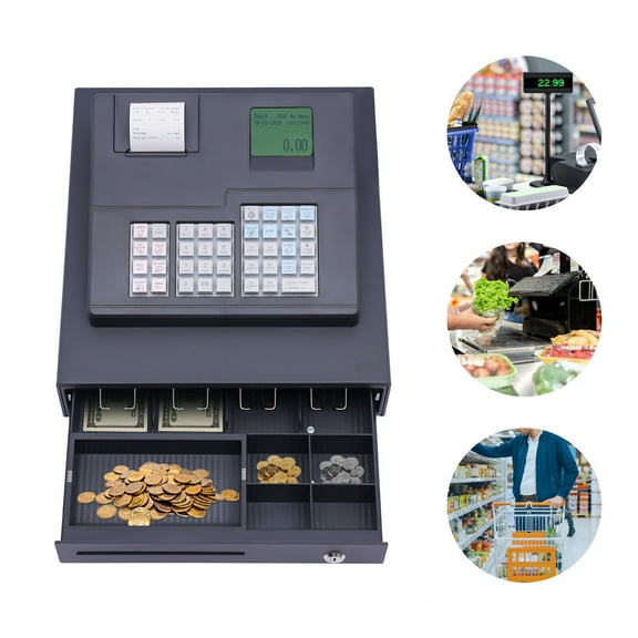 Miumaeov Small Businesses Automatic Cash Register 38 Keys Electronic Thermal Cash Register Black with Cash Drawer