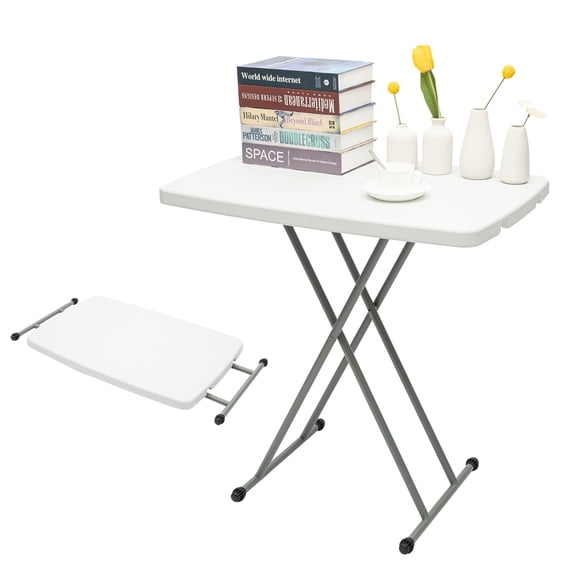 Miumaeov Small Folding Table 30 Inch, Square Foldable Desk with Adjustable Height, Portable Plastic Table for Laptop Snacks, White