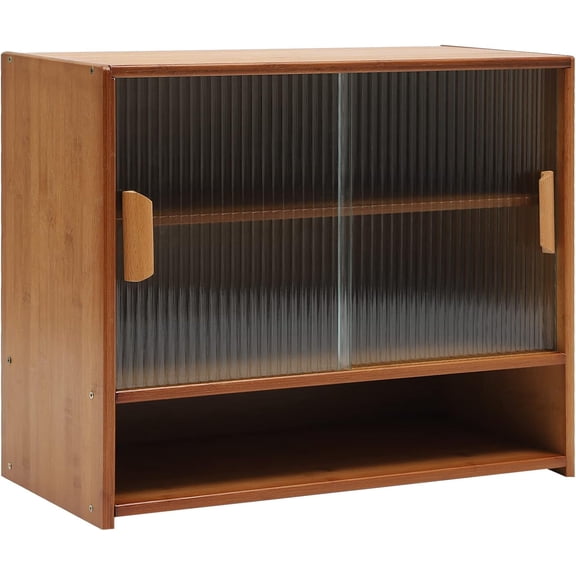 Miumaeov Small Storage Cabinet, Bamboo Kitchen Pantry Sideboard with 2 Sliding Striped Glass Doors,Countertop Storage Cabinet