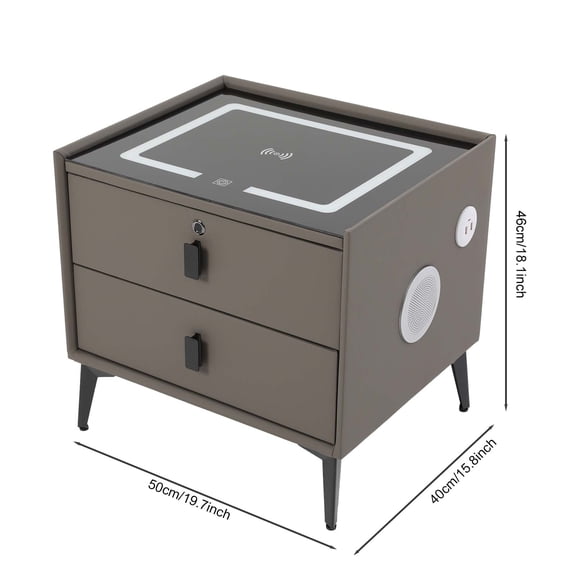 Miumaeov Smart Bedside Table with Wireless Charger, Fingerprint Lock, Bluetooth Speaker, 3-Color Lights, 2 Storage Drawers Nightstand with USB Port, Modern Side Table