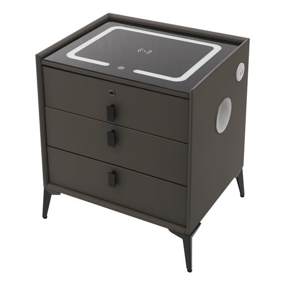 Miumaeov Smart Nightstand with Charging Station, 3-Drawer Bedside Table with Fingerprint Lock, Bluetooth Speaker & LED Lights, USB Charging