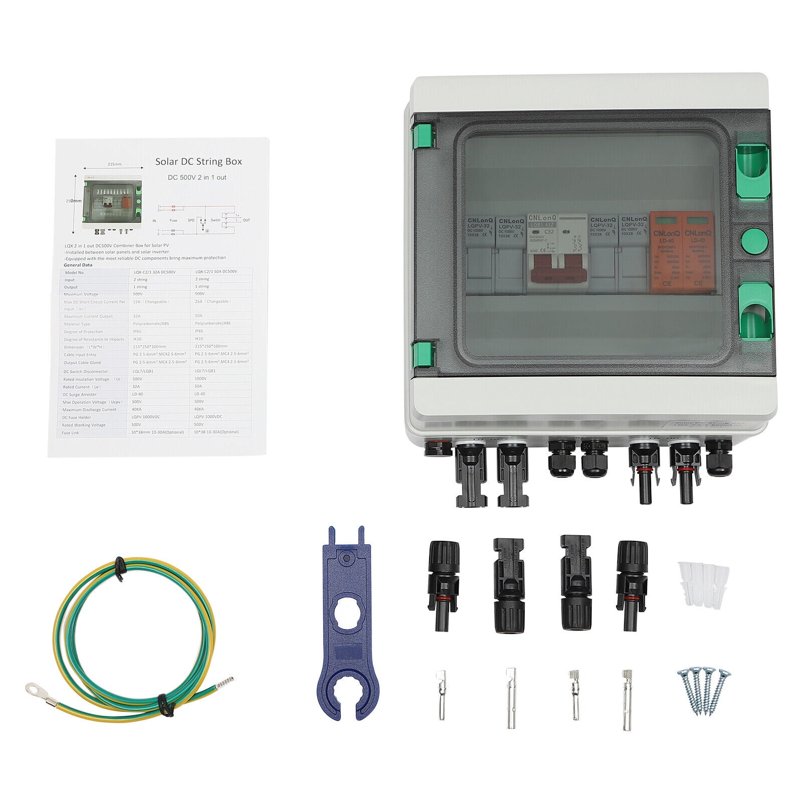 Miumaeov Solar PV Combiner Box 2 Strings DC 500V/1000V Circuit Breaker fits Solar Panel