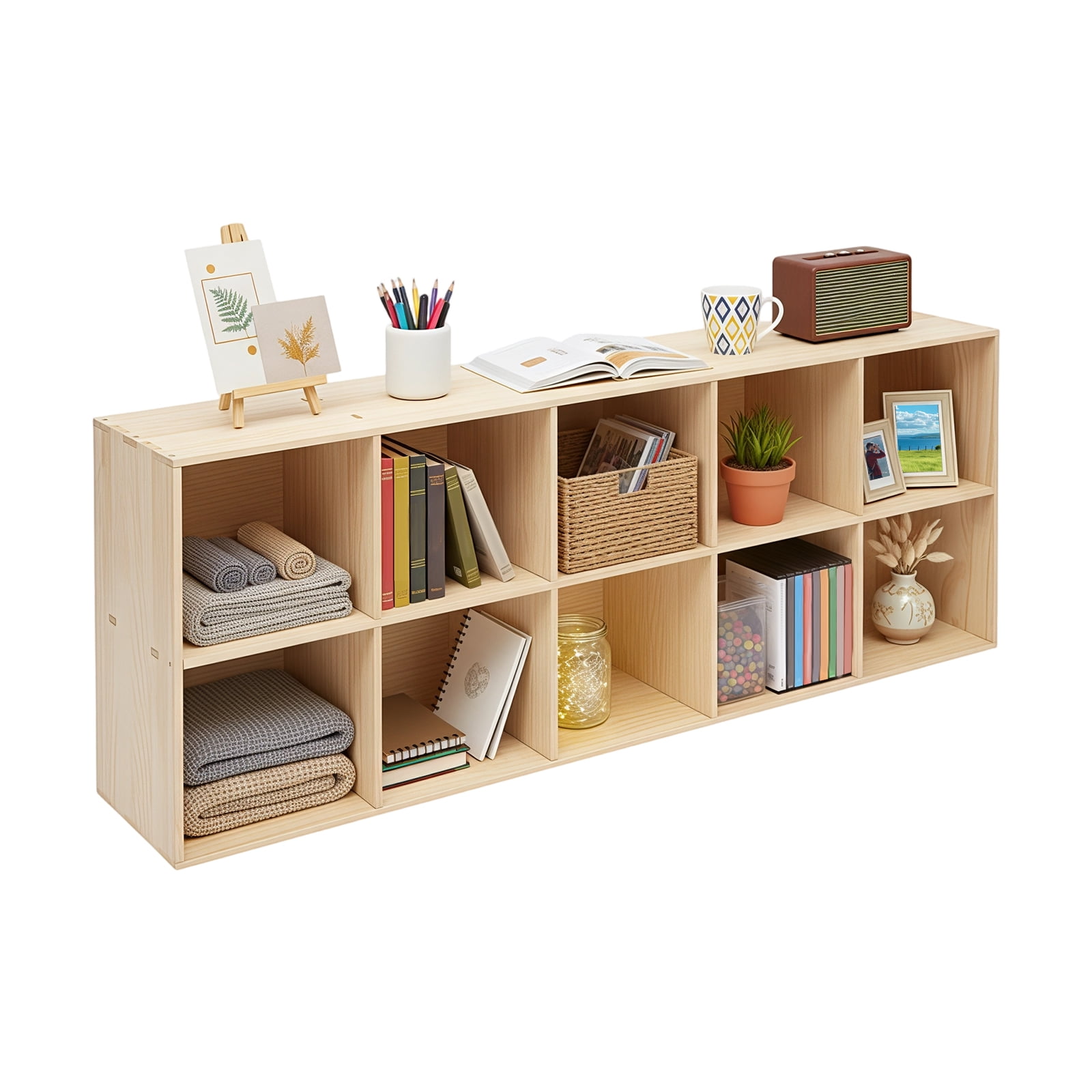 Miumaeov Solid Wood Bookcase, 10-Cube Storage Shelf Organizer, 59.06" Floor Standing Bookshelf for Living Room, Horizontal & Vertical Placement