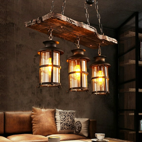 Miumaeov Solid Wood and Iron Decorative Chandelier Pendant Lights with Cylindrical Glass