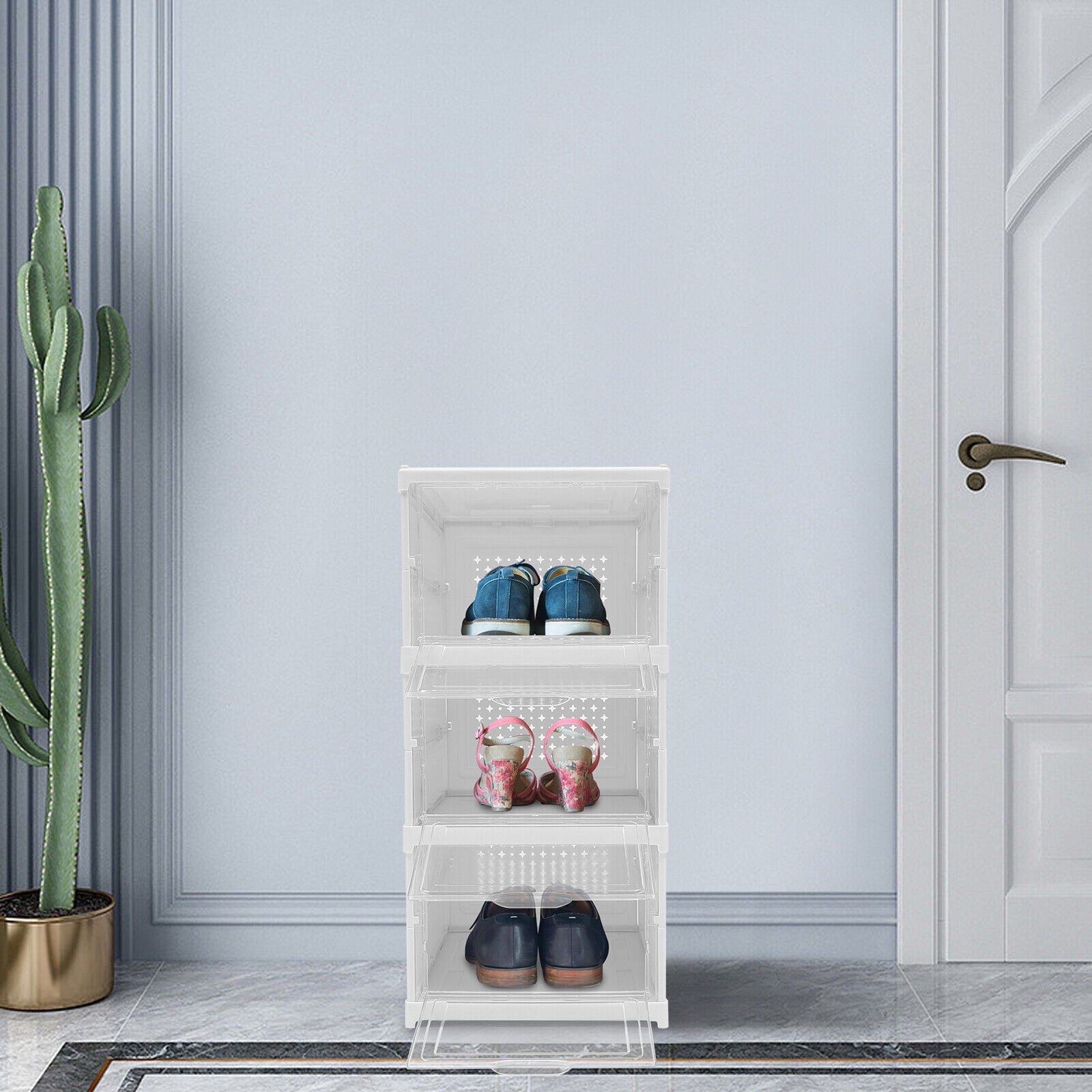 Miumaeov Stackable Plastic Shoe Box with Clear Front Door Shoe Organizer for Closet Sneaker High Heels Easy Assembly
