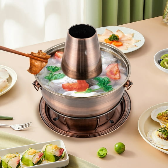 Miumaeov Stainless Steel Old Beijing Shabu Shabu Pot Charcoal Chinese Copper Hot Pot with Lid and Tray