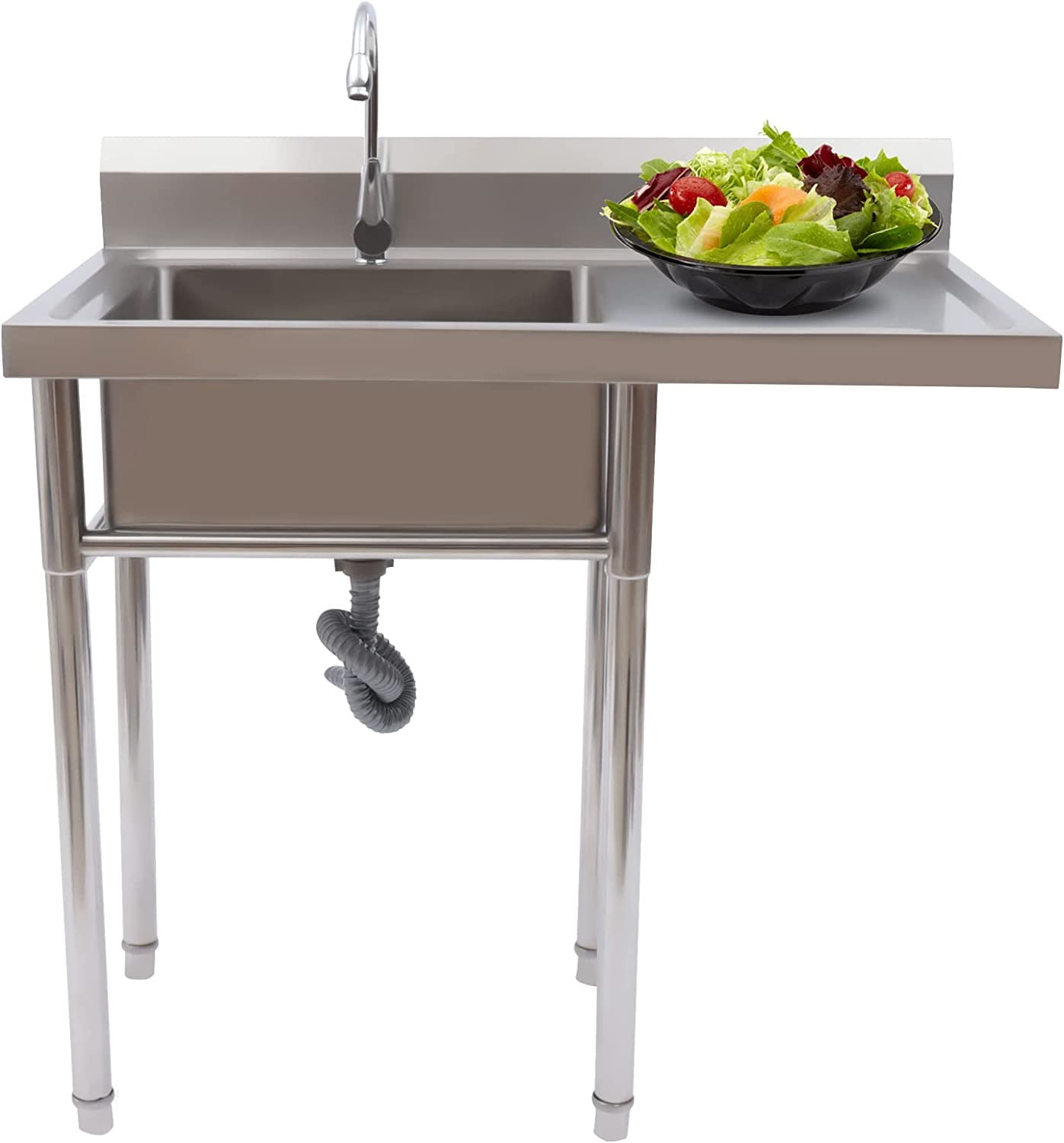 Miumaeov Stainless Steel Utility Sink with Backsplash,1 Compartment Workbench Sink Freestanding Commercial Kitchen Sink for Restaurant,Laundry Room,Garages