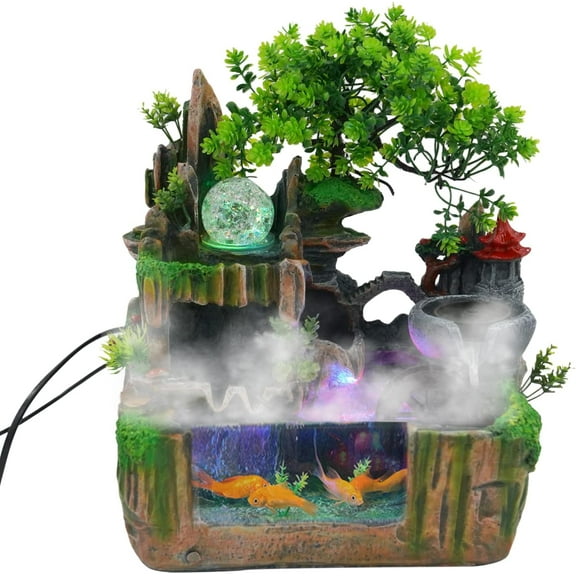 Miumaeov Tabletop Fountains 110V Indoor Resin Rockery Stream Tabletop Fountain with LED Lights & Glass Ball & Atomizer