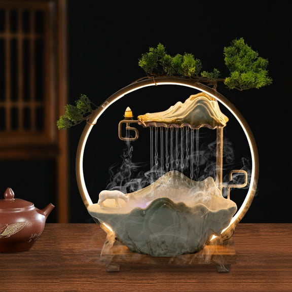 Miumaeov Tabletop Water Fountain Indoor Waterfall with Round LED Light & Mist Maker Incense Holder for Home Office Decor
