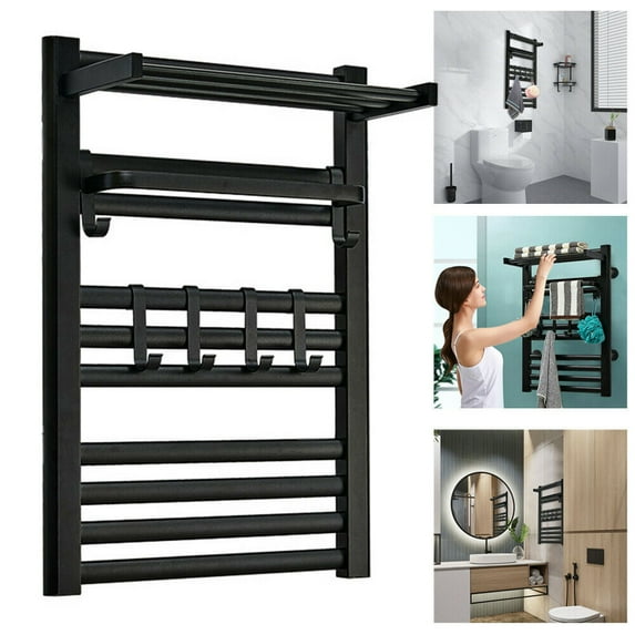 Miumaeov Towel Warmer Heater & Wall-mounted Drying Rack +Shelf w/ Timer and Shelf Hook Black