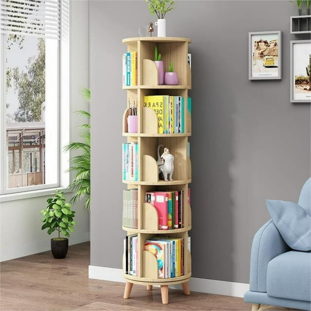Miumaeov 5 Tier Spinning Bookshelf with Legs, Stackable Wooden Storage