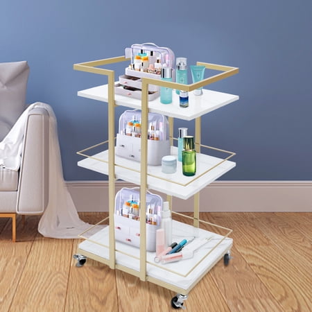 Miumaeov Utility Trolley Metal Storage Rolling Cart with Wheels Multi-purpose Rack Heavy-Duty Trolley Beauty Salon Barber Shop Kitchen Storage Rack Organizer Shelf White and Gold