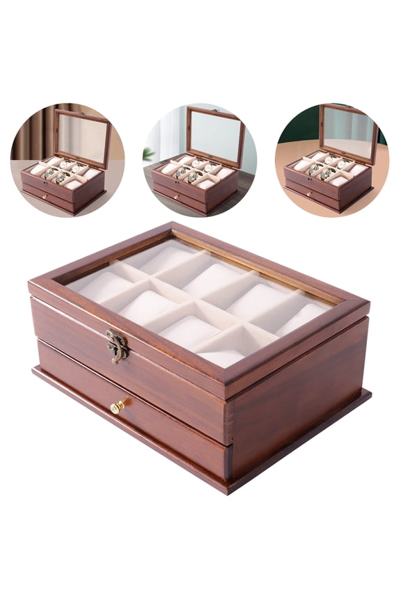 Vintage 8-Slot 1 Drawer Solid Wood Watch Box with Pillows, Visible Skylight Watch Case with Soft Lining
