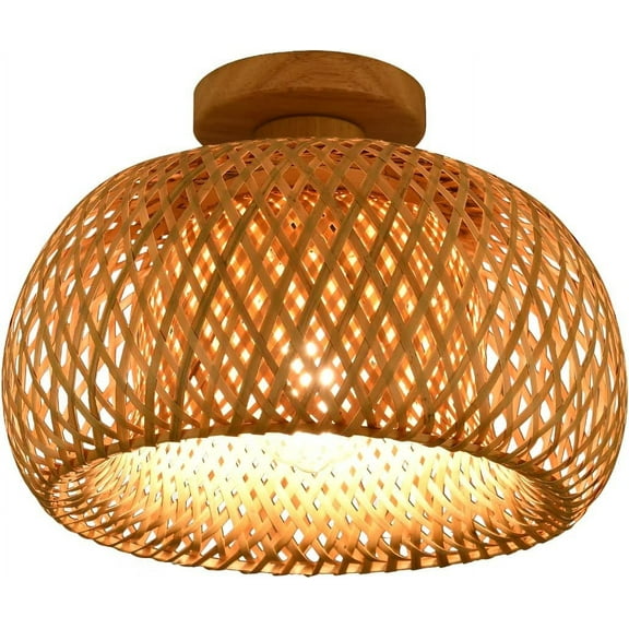 Miumaeov Vintage Farmhouse Bamboo Wicker Chandelier Semi Flush Mount Lamp Ceiling Light