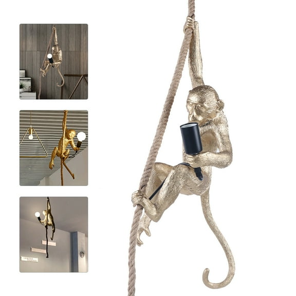 Miumaeov Vintage Golden Monkey Wall Light Resin Hemp Rope Hanging Lamp Pendant Light Home Decor