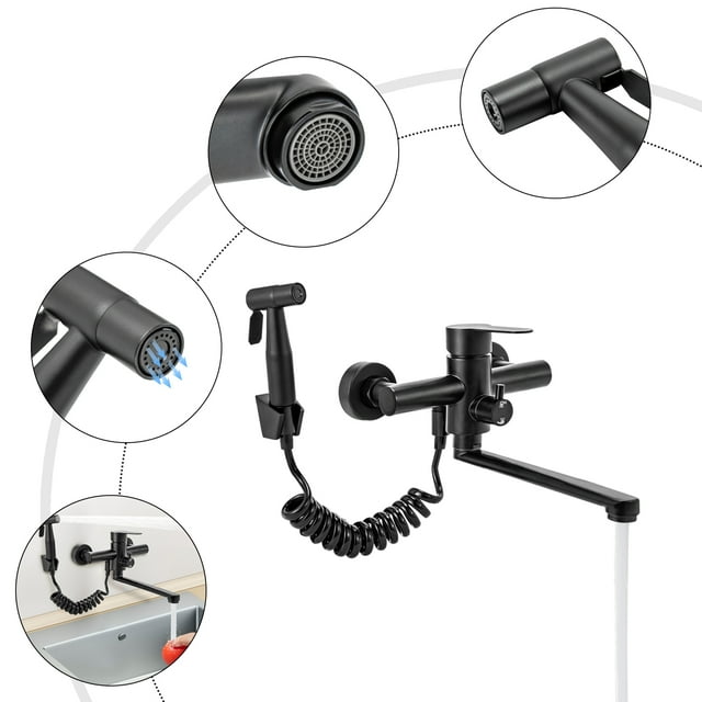 Miumaeov Wall Mount Faucet with Tap 360° Rotatable, Stainless Steel Kitchen Sink Faucet with