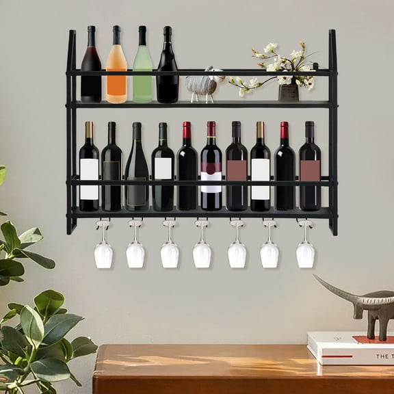 Miumaeov Wall-Mount Metal Red Wine Rack Bar Rack Double Tier for 20 Bottles & 7 Goblets