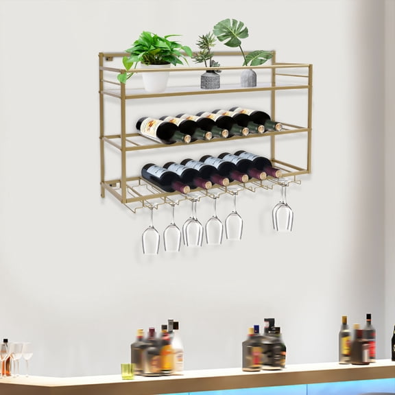 Miumaeov Wall Mounted 3 Tier Industrial Wine Rack Gold Metal Hanging Wine Cup Holder Integrated Wine Rack for Bars Kitchens Dining Room