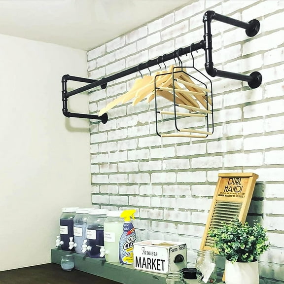 Miumaeov Wall-Mounted Clothes Rack, Industrial Pipe Clothes Rack, Heavy Duty Iron Hanging Coat Rack, Black Detachable Clothes Robe Hanger with Four Bases, 39L9W12H