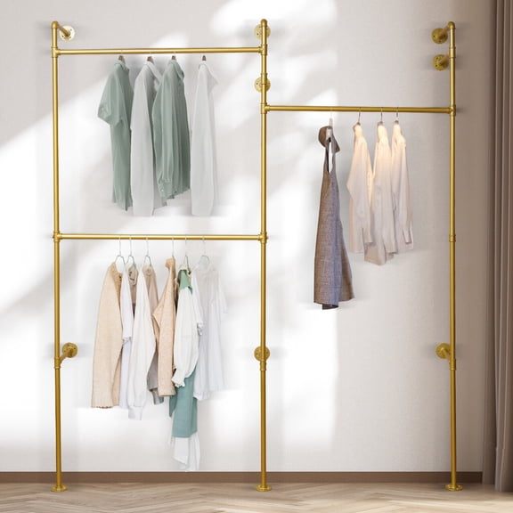 Miumaeov Wall Mounted Industrial Pipe Clothing Rack with 3 Rod Commerial Garment Stand Pipeline Vintage Rack Heavy Duty Rustic Metal Clothes Frame Organizer for Bedroom Shop Gold