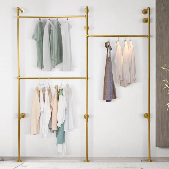 Miumaeov Wall Mounted Industrial Pipe Clothing Rack Garment Rack Pipeline Vintage Rolling Rack On Wall, Heavy Duty Rustic Gold Metal Garment Frame for Bedroom, Living Room (Gold)