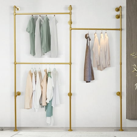 Miumaeov Wall Mounted Industrial Pipe Clothing Rack Garment Rack Pipeline Vintage Rolling Rack On Wall, Heavy Duty Rustic Gold Metal Garment Frame for Bedroom, Living Room (Gold) price history and forecast - Miumaeov 8177
