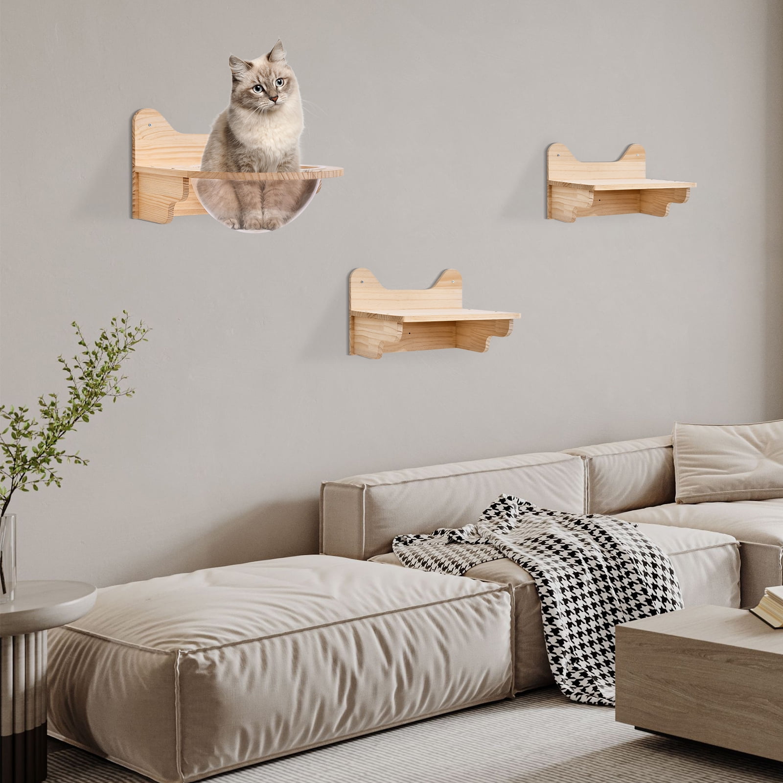 Miumaeov Wall Mounted Wooden Cat Space Capsule Cat Bed Step Large Transparent Cat House Set Pets House Cat Cat Furniture for Indoor Large Cats