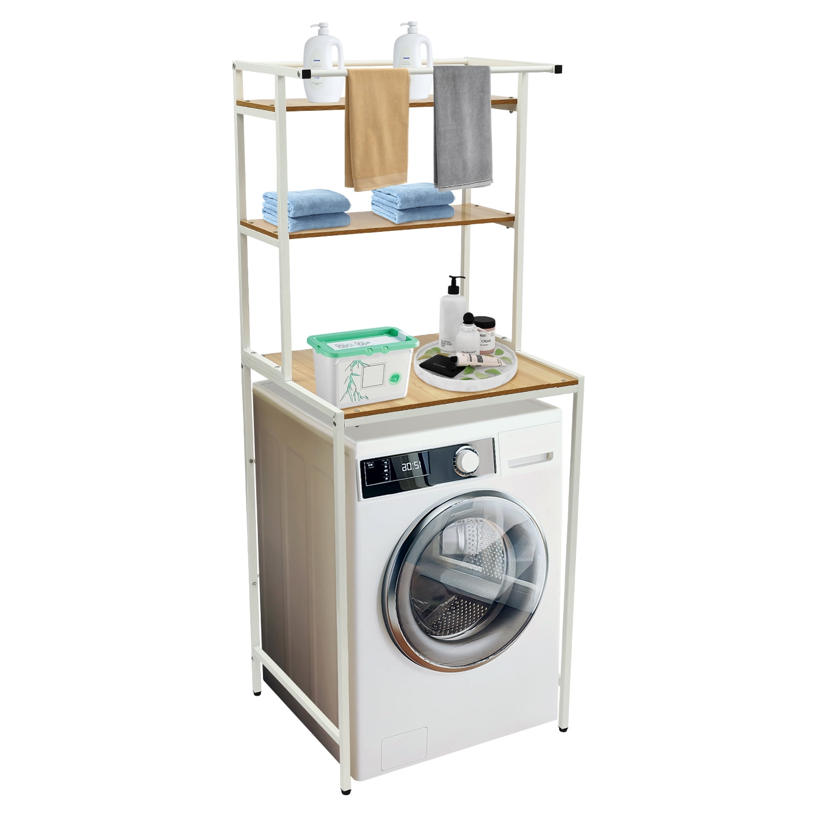 Miumaeov Over Washer Dryer Stacking Rack, Clothes Drying Rack Stand Over Washer, 2 Tier Adjustable Height Storage Shelving for Bathroom, Bedroom,Balcony