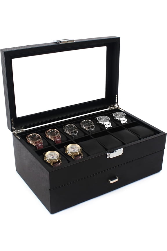 Watch Box 24Slot Organizer Carbon Fiber Design Double Deck Watch Display Case Storage Holder Large Glass Top Drawer&Leather Pillows