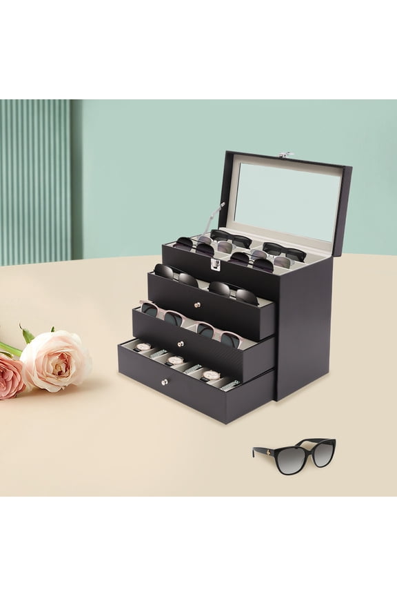 Watch Box Organizer Watch Case Eyeglasses Storage and Sunglasses Box with Mirror and Lock Jewelry Storage Case Organizer with 3 Drawer Black