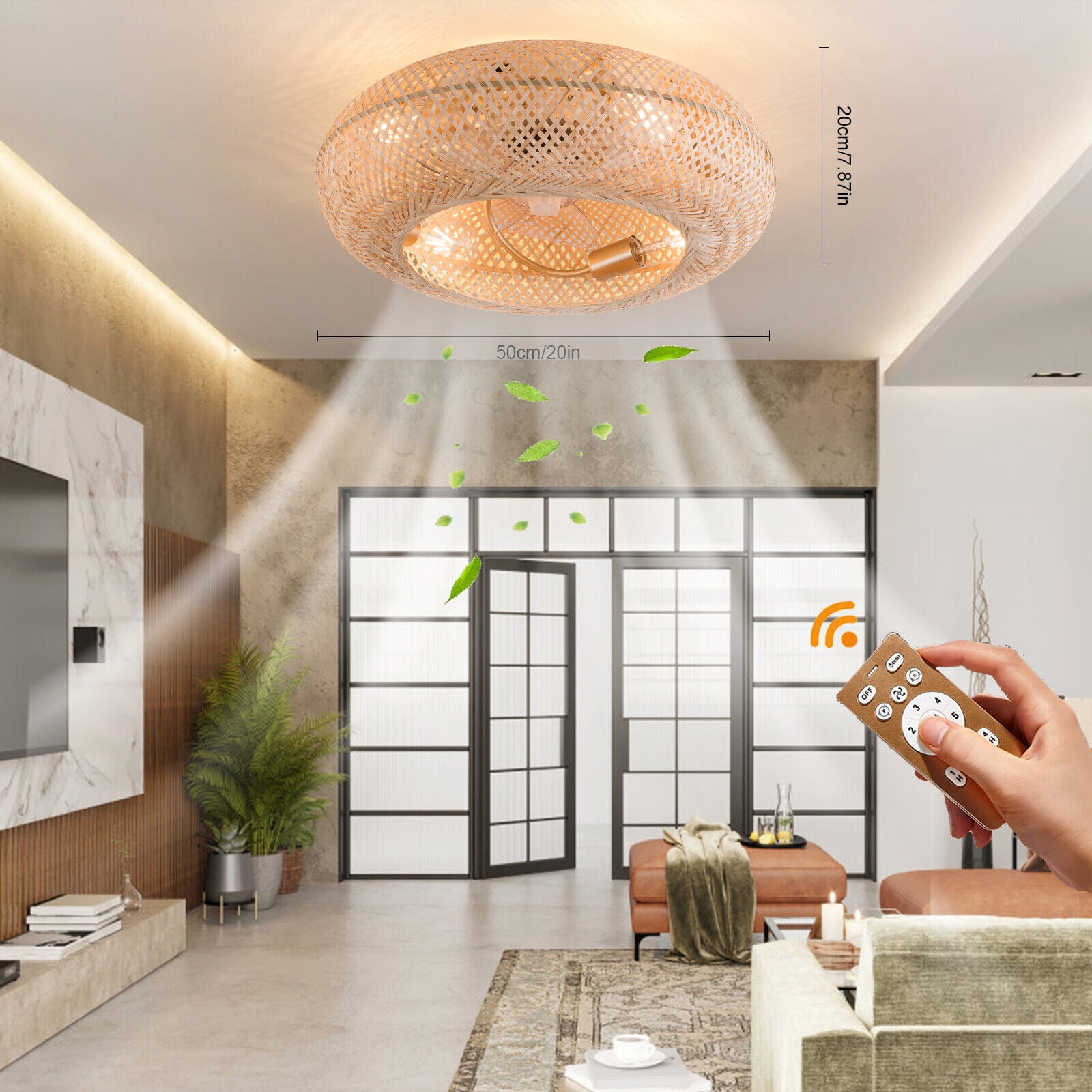 Miumaeov Wicker Rattan Ceiling Lamp Farmhouse Ceiling Fan Light Fixture Vintage Woven Rattan Caged Chandelier with Remote Control Low Profile 6 Speed for Bar Hotel Kitchen Island Bedroom